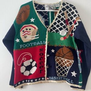 Vintage Y2K Eagles Eye Cardigan Sweater Medium Sport 1996 Novelty Statement Boho